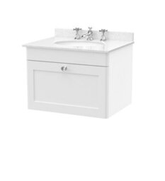 Balterley Swynnerton Traditional 1 Drawer Wall Hung Vanity Unit With Marble Basin, Satin White, 600mm