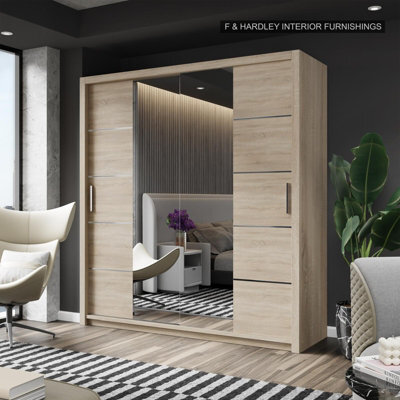 Fhif Dallas 180Cm Oak Sliding Door Wardrobe Modern Bedroom Storage With Full Length Mirror Shelves And Hanging Rails - image 1