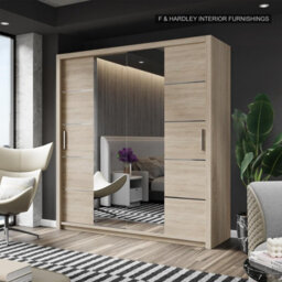 Fhif Dallas 180Cm Oak Sliding Door Wardrobe Modern Bedroom Storage With Full Length Mirror Shelves And Hanging Rails - thumbnail 1