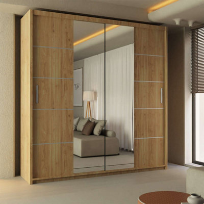 Sliding Wardrobes 4 u LTD Modern Led Light Mirror Sliding Wardrobe With Elegant Display Cabinet Oak 180Cm - image 1