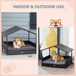 Pawhut Wicker Dog House, Rattan Pet Bed With Soft Cushion, Cat Basket - Grey - thumbnail 4