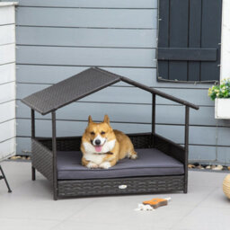 Pawhut Wicker Dog House, Rattan Pet Bed With Soft Cushion, Cat Basket - Grey - thumbnail 1