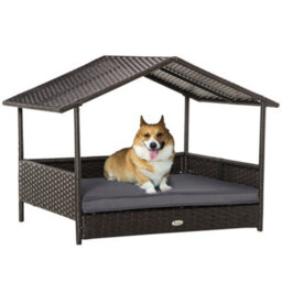 Pawhut Wicker Dog House, Rattan Pet Bed With Soft Cushion, Cat Basket - Grey - thumbnail 2