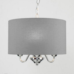 Valuelights Rocha Modern Chrome 3 Way Curved Arm Grey Linen Slimline Drum Ceiling Light Pendant - Led Candle Bulbs 3000K - thumbnail 3