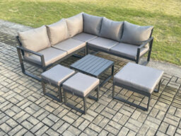 Fimous Outdoor Garden Furniture Set Aluminium Lounge Sofa Square Coffee Table Sets With 3 Footstools Indoor Conservatory Set - thumbnail 1