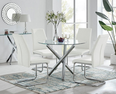 Furniturebox Uk Selina Round Glass And Chrome Metal Dining Table And 4 White Lorenzo Chairs Set - image 1