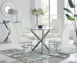 Furniturebox Uk Selina Round Glass And Chrome Metal Dining Table And 4 White Lorenzo Chairs Set - thumbnail 1