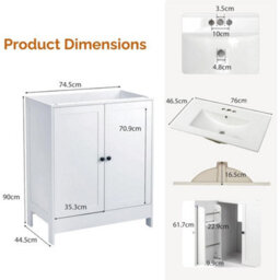 760mm Freestanding Vanity Unit With Basin Bathroom Sink Cabinet White Modern - thumbnail 2