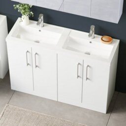 Balterley Bramshall 1200mm Floor Standing 4 Door Vanity Unit With Double Basin & Handles For Modern Bathroom Storage - Gloss White - thumbnail 4