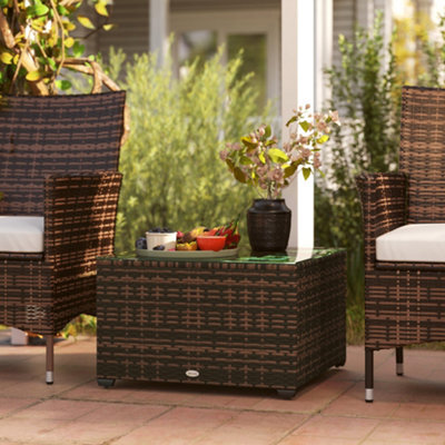 Outsunny Outdoor Coffee Table With Glass Top, Rattan Side Table, Brown - image 1