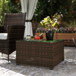 Outsunny Outdoor Coffee Table With Glass Top, Rattan Side Table, Brown - thumbnail 9