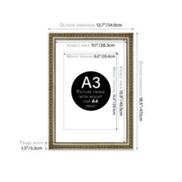 A3 Champaign Ornate Picture Frame (42 X 29.7Cm) With Mount For A4 Poster, Photo, Artwork, Gallery Wall Or Print - thumbnail 2