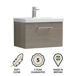 Balterley Bramshall Modern Bathroom Wall Hung 1 Soft Close Drawer Vanity Unit & Mid-Edge Basin, Solace Oak, 610mm - thumbnail 6