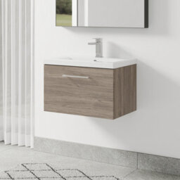 Balterley Bramshall Modern Bathroom Wall Hung 1 Soft Close Drawer Vanity Unit & Mid-Edge Basin, Solace Oak, 610mm - thumbnail 4