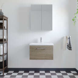 Balterley Bramshall Modern Bathroom Wall Hung 1 Soft Close Drawer Vanity Unit & Mid-Edge Basin, Solace Oak, 610mm - thumbnail 2