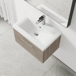 Balterley Bramshall Modern Bathroom Wall Hung 1 Soft Close Drawer Vanity Unit & Mid-Edge Basin, Solace Oak, 610mm - thumbnail 3