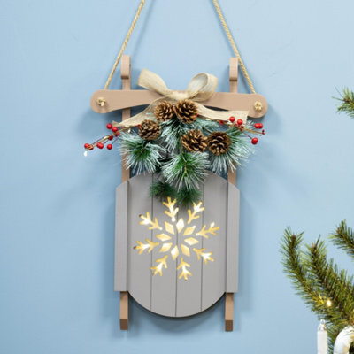 Christmas Tree World Battery-Operated 55Cm Grey Decorative Wooden Sled - Snowflake Design - image 1