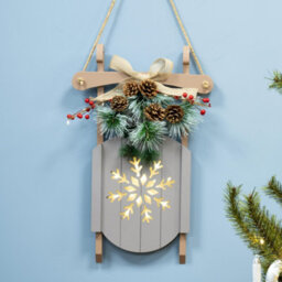 Christmas Tree World Battery-Operated 55Cm Grey Decorative Wooden Sled - Snowflake Design - thumbnail 1