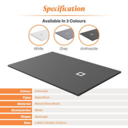 Plum&clay Pia Rectangle Anthracite Slate Effect Shower Tray (L)1800mm (W)800mm (H)25mm - thumbnail 6