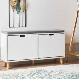 Wyld And Coco Nordichome White Mdf Shoe Storage Cabinet With Cushioned Seat, Two Compartments, W98 X D25 X H52Cm - thumbnail 2