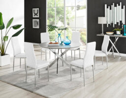 Furniturebox Uk Novara Grey Concrete Effect 120Cm Round Dining Table & 6 White Milan Chrome Leg Chairs - thumbnail 1