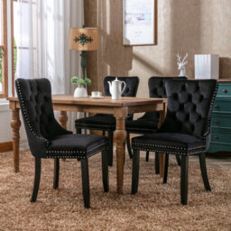 HomeTouch Set Of 4 Lux Black Velvet Upholstered Kitchen Dining Chairs With Pull Knocker Wing Back Bedroom Office Chairs