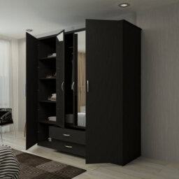 M N Furniture Ltd Wardrobe With Led Light Modern 4 Door Hinged Wardrobe Mirror And Drawers - Bedroom Cabinet (Black,171Cm) - thumbnail 2