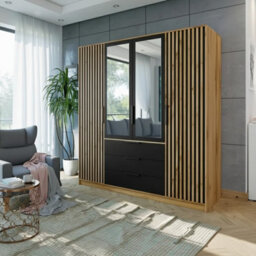 Bali Lux 4 Door Wardrobe With Oak Slats Mirror Modern Hallway Bedroom Storage Cabinet Black With Oak Wotan - thumbnail 2