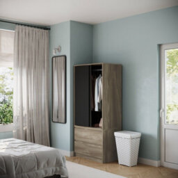 Urbn-Living Urbnliving 2 Sliding Doors Wardrobe 2 Drawer Bedroom Clothes Hanging Rail Oak Carcass With Black Doors Storage Cupboard - thumbnail 2