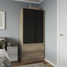 Urbn-Living Urbnliving 2 Sliding Doors Wardrobe 2 Drawer Bedroom Clothes Hanging Rail Oak Carcass With Black Doors Storage Cupboard