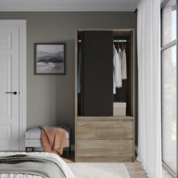 Urbn-Living Urbnliving 2 Sliding Doors Wardrobe 2 Drawer Bedroom Clothes Hanging Rail Oak Carcass With Black Doors Storage Cupboard - thumbnail 3