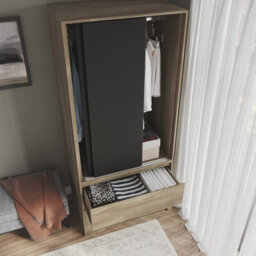 Urbn-Living Urbnliving 2 Sliding Doors Wardrobe 2 Drawer Bedroom Clothes Hanging Rail Oak Carcass With Black Doors Storage Cupboard - thumbnail 4