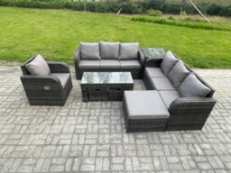 Fimous 10 Seater Outdoor Lounge Sofa Set Rattan Garden Furniture Set With Rectangular Coffee Table 3 Footstools 3 Seater Sofa - thumbnail 1
