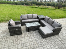 Fimous 10 Seater Outdoor Lounge Sofa Set Rattan Garden Furniture Set With Rectangular Coffee Table 3 Footstools 3 Seater Sofa - thumbnail 2