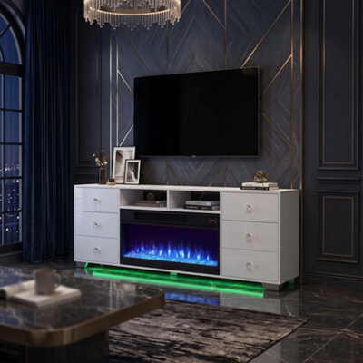 Fenchilin White Electric Fireplace Tv Stand 180Cm, 13 Flame Colours + Rgb Base Led Lights, 6 Drawer Storage Entertainment Unit - image 1