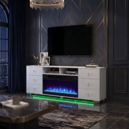 Fenchilin White Electric Fireplace Tv Stand 180Cm, 13 Flame Colours + Rgb Base Led Lights, 6 Drawer Storage Entertainment Unit - thumbnail 1