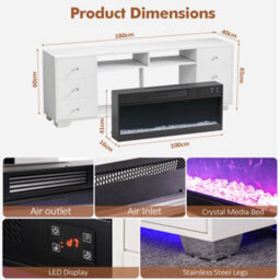 Fenchilin White Electric Fireplace Tv Stand 180Cm, 13 Flame Colours + Rgb Base Led Lights, 6 Drawer Storage Entertainment Unit - thumbnail 5