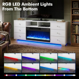 Fenchilin White Electric Fireplace Tv Stand 180Cm, 13 Flame Colours + Rgb Base Led Lights, 6 Drawer Storage Entertainment Unit - thumbnail 3