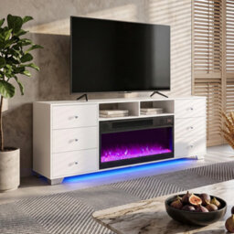 Fenchilin White Electric Fireplace Tv Stand 180Cm, 13 Flame Colours + Rgb Base Led Lights, 6 Drawer Storage Entertainment Unit - thumbnail 2