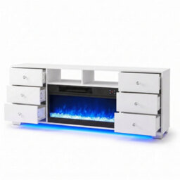 Fenchilin White Electric Fireplace Tv Stand 180Cm, 13 Flame Colours + Rgb Base Led Lights, 6 Drawer Storage Entertainment Unit - thumbnail 7