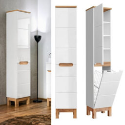 Impact Furniture Laundry Tall Slim Bathroom Storage Cabinet Freestanding Unit With Pull Down Basket White Gloss And Oak Bali - thumbnail 2
