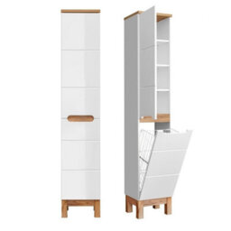 Impact Furniture Laundry Tall Slim Bathroom Storage Cabinet Freestanding Unit With Pull Down Basket White Gloss And Oak Bali - thumbnail 1