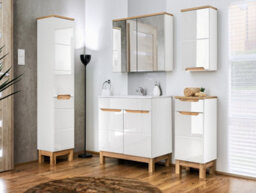 Impact Furniture Laundry Tall Slim Bathroom Storage Cabinet Freestanding Unit With Pull Down Basket White Gloss And Oak Bali - thumbnail 9