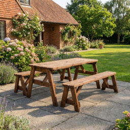 Arbor Garden Solutions Victoria Wooden Picnic Bench And Table Set, Rounded Outdoor Dining Set (7Ft, Rustic Brown) - thumbnail 5