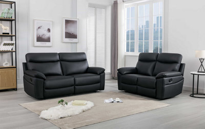 Furnishings For Less UK Austin Black Genuine Reclining Sofa Suite Manual Recliner Set Real Leather - image 1