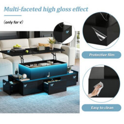 Btm Lift-Top Coffee Table 100Cm, 4 Drawers, Led High Gloss, Hidden Storage, Black - thumbnail 8