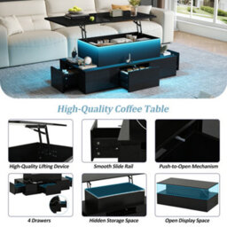Btm Lift-Top Coffee Table 100Cm, 4 Drawers, Led High Gloss, Hidden Storage, Black - thumbnail 6