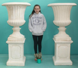 Pair Of Giant Flute White Stone Garden Vases On Plinths - thumbnail 5