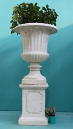 Pair Of Giant Flute White Stone Garden Vases On Plinths - thumbnail 6