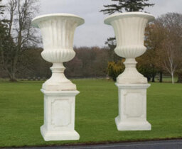 Pair Of Giant Flute White Stone Garden Vases On Plinths - thumbnail 4